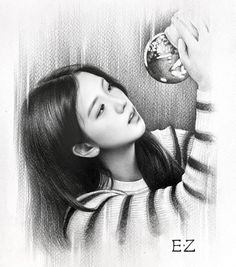 a pencil drawing of a girl drinking from a cup with the word ez written on it