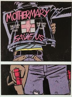 two posters with the words mother mary and save us written in pink on black background