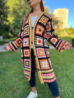 Granny Square Colorful Crochet Coat, Handmade Cardigan, Cotton Hippie Jacket, Wool Long Sweater, Crochet Stylish Coat, Multicolor Cardigan Patchwork Plus Size Unisex Oversize Women Afghan Bohemian Cardigan is a very stylish and great product for daily use. Also a great gift for your friends.🎁 After purchasing, please don't forget to write your height and weight. The cardigans are specially made for everyone, including plus size. 📏The model in the photo has a body size of M. Size of the cardiga Bohemian Cardigan, Multicolor Cardigan, Squared Clothes, Handmade Cardigan, Hippie Jacket, Square Cardigan, The Cardigans, Colorful Crochet, Boho Cardigan