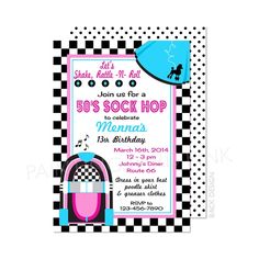 a pink and black checkered birthday party with a sock hop sign on the front