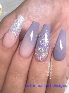 Coffin Nail Art Designs, Coffin Nail Art, Gray Nail, Grey Nails, Gray Ombre, Glitter Nails Acrylic, Nails Set, Gray Nails