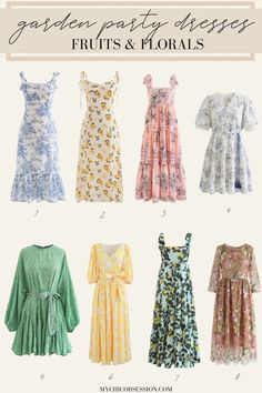 different types of dresses with the words, fashion party dresses for fruits and florals