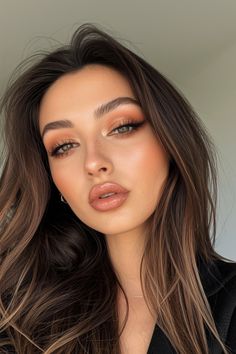 Makeup Looks For Amber Eyes, Amber Eyeshadow, Brown Glam Makeup Looks, Summer Brown Eye Makeup, Make For Brown Eyes, Brown Ombre Eyeshadow, Brown Eyes Brown Hair Makeup, Bridesmaid Makeup Copper Dress, Makeup Ideas Matte