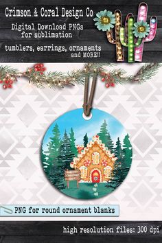 a christmas ornament with a gingerbread house on it, surrounded by pine trees