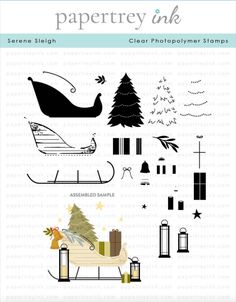 the clear photopoly stamp set features christmas decorations, trees and sleighs