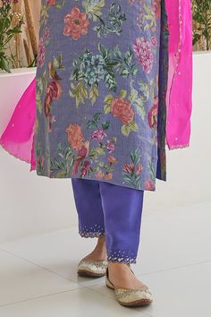 Purple kurta with all over scattered floral blossom prints and placement hand embroidery detailing. Paired with a pant and magenta silk hand embroidered dupatta. - Aza Fashions Hand Embroidered Dupatta, Kurta Pant Set, Embroidery Detailing, Blossom Print, Embroidered Dupatta, Kurta With Pants, Fashion App, Pant Set, Set For Women