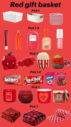 the red gift basket is full of different items