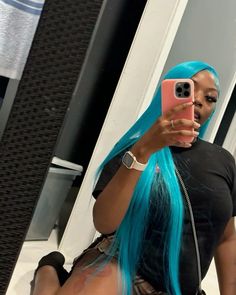 Aqua Wigs For Black Women, Right Side Part Wig, Teal Wig Install, Cute Wig Colors On Light Skins, Color Wig Ideas Black Women, Baby Blue Wigs For Black Women, Birthday Wig Colors, Blue Frontal Wig Hairstyles, Side Part Colored Wig