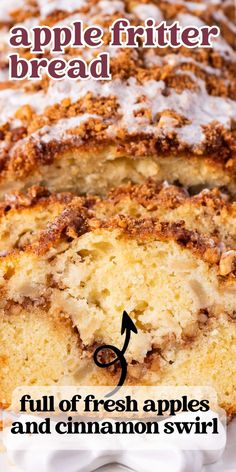 a close up of a cake on a plate with the words apple fritter bread