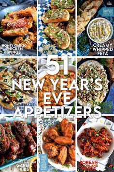 the cover of magazine 51 new year's eve appetizers with pictures of different foods