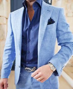 Blue Linen Notch Lapel Slim Fit Summer Men Suits Groom Tuxedos 2 Piece Blazer Pants Sets Wedding Men's Cocktail Attire, Cocktail Attire Men, Blazer Casual, Single Breasted Blazer, Prom Suits, Blazer Blue, Business Tops, Cocktail Attire, Custom Suit