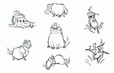 some cartoon animals that are drawn in black and white