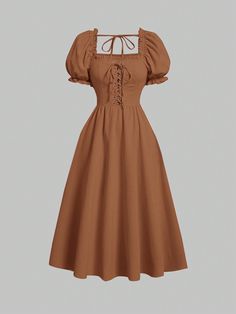 Brown Casual Collar Short Sleeve Woven Fabric Plain A Line Embellished Non-Stretch  Women Clothing Autumn Inspired Dress, Pretty Vintage Dresses, Causal Dress Outfits, Brown Short Dress, Amish Clothing, Autumn Dresses, Simple Frock Design, Simple Frocks, Cute Dress Outfits