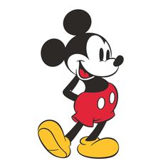 the mickey mouse is smiling and wearing a red skirt with yellow shoes on his feet