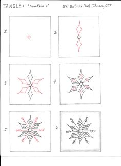 four different snowflakes are shown in red and white, with the words tangle on them