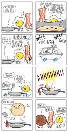 comic strips with bacon and eggs on them, one is saying that the other says it '