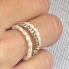 Nib Stella & Dot Pearl Ring Set Stretch Rings Stackable Or Wear Separately Three Mini Stretch Rings- 2 Pearl Rings & One Gold-Colored Bead Rings. Comes In The Original Box. L/Xl Stretch Rings, Bead Rings, Pearl Rings, Stretch Ring, Dot Jewelry, Beaded Rings, Cream And Gold, Stella And Dot, Stackable Rings