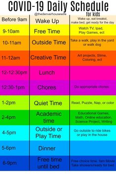 a rainbow poster with the words covidd - 19 daily schedule and dates for each event