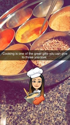 a cartoon girl is cooking on the counter with bowls and spoons in front of her