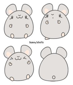 four different drawings of the same animal's head and ears, one with eyes closed