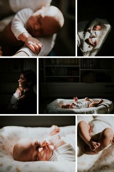 a collage of photos with a baby laying on it's back and the mother holding her infant