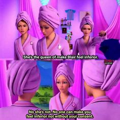 two women in purple robes and one has a towel on her head with the caption she's the queen of make blair feel inferior