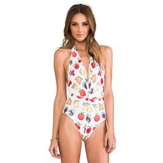 Retro Fruit Twist Front One Piece Swimsuit By Wildfox. Halter Neckline With Tie And Low/Open Back. Twist Knot Front Detail. Size Medium. New With Tags. White V-neck Summer Bodysuit, White Printed V-neck Swimwear, White Halter Neck Bodysuit For Summer, Summer Red Printed Bodysuit, White Printed Summer Bodysuit, White V-neck Printed Swimwear, Summer Halter Neck Printed Bodysuit, Summer Printed Halter Neck Bodysuit, Printed Halter Neck Bodysuit For Summer