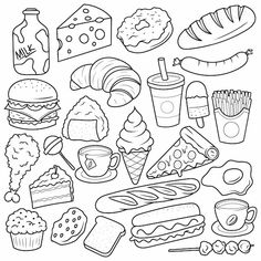 a black and white drawing of food items on a plate, including bread, pizzas, ice cream, soda, donuts