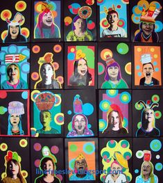 many different pictures of people with hats and clowns on them, all painted in bright colors