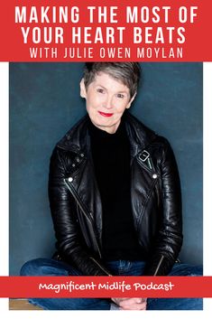 a woman in black jacket sitting on top of a red and white background with the words making