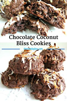 chocolate coconut bliss cookies stacked on top of each other