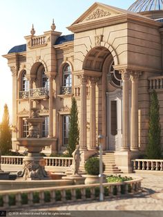 this is an artist's rendering of a mansion with fountain in front of it