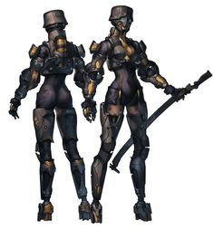 two people dressed in futuristic garb and holding swords, standing next to each other