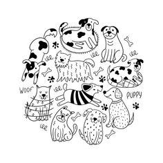 a black and white drawing of dogs with their names in the center, surrounded by other animals