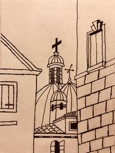 a drawing of a church with a cross on it's roof next to a building