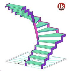 a drawing of a spiral staircase with blue and purple stripes on it's sides