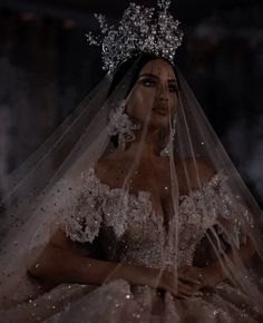 a woman in a wedding dress with a veil on her head and wearing a tiara