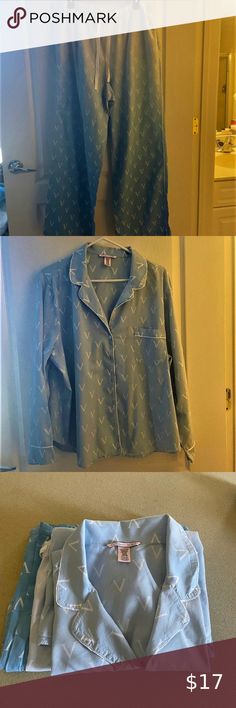 VS COTTON BUTTON DOWN PJ SET OMBRE LIGHT BLUE TO DARKER BLUE - XL REG.- VERY EUC Vs Pajamas, Cotton Pjs, Pj Sets, Medium Blue, Button Downs, Dark Blue