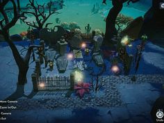 an animated halloween scene with pumpkins, candles and tombstones on the ground in front of a cemetery