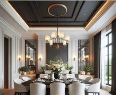 an elegant dining room with black and white decor