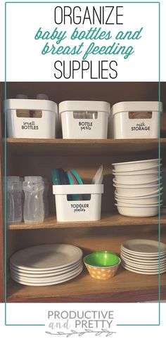 the shelves are filled with dishes and containers