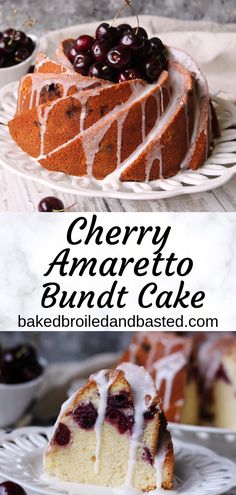 cherry amaretto bundt cake with white icing and fresh cherries on top