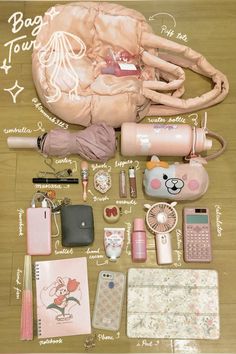 The contents of my current school bag! ✨ Cute Bag Essentials, Makeup Bag Essentials School, Whats In My School Bag Coquette, School Handbags Essentials, Essential Bag Items, Coquette Whats In My Bag, What's In My School Bag Aesthetic, Mom Friend Bag Essentials, High School Bag Essentials