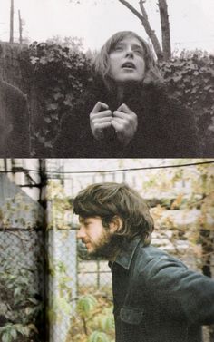 two pictures of a man with long hair and beards in front of a fence