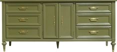 a green dresser with gold handles and drawers on it's sides, against a white background