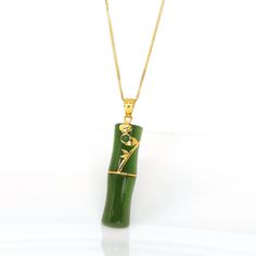 * DETAILS--- 24k Yellow Gold Genuine Nephrite Green Jade Bamboo Pendant Necklace. This pendant is made with high-quality genuine green jade, The green jade texture is so smooth and translucent. It's perfect without flaws. Excellent carving work is done on the piece. And the Green Bamboo is really brought out, with yellow gold leaves. It's very beautiful and affordable. Made with green nephrite jade. The size is 33.06 *9.8 mm for both men and women. It's a very special gift for yourself or your love. Specifications: approx. T & G Weight: T: 3.59 g, G:0.71 g J weight: 15. 2ct Chain Width: 1.1 mm Chain Style: Diamond-Cut Wheat, W:1.910 g Material: 18k Solid Yellow Gold Primary Stone Shape: People Gold Type: Yellow Solid Gold Surface Finish: Polished Chain Length: 16 - 18 In, adjustable. Neckl Classic Bangles, Green Bamboo, Gold Chain With Pendant, White Gold Sapphire, Nephrite Jade, Gold Leaves, Jade Jewelry, Apple Green, Jade Pendant