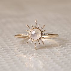 Gorgeous Moonstone Sun Design Ring, SI Clarity Diamond Starburst Ring, 14K Gold Diamond Ring , Moonstone Ring, Dainty Wedding Ring, Engagement Ring, Petite Ring For Her, Fine Handmade Beautiful Jewelry. Product info: Item Code - 1356 14k solid gold natural diamond - white diamond white diamonds, I color, SI clarity Gemstone : Moonstone  Ring Size 7 Item will be resized and shipped within 10 days. ITEM Will BE SHIPPED : India Speed Post To get the item in 4-5 days, we can also ship it thru DHL ex Sun Ring Engagement, Engagement Rings Sun, Sun Ring Gold, Sun Wedding Ring, Sun Engagement Ring, Cute Accessories Aesthetic, Diamond Moonstone Ring, Moonstone Engagement Rings, Engagement Ring Moonstone