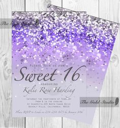 the purple and silver glitter sweet 16 birthday party card is displayed on a wooden background