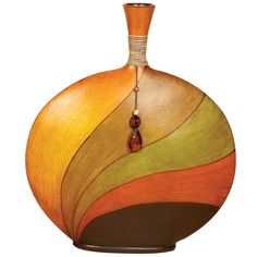 a wooden vase with an orange, yellow and green striped design on the bottom is holding a brown bead