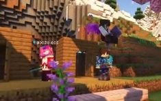 an image of a minecraft village with purple flowers